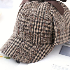 Khaki Plaid Vintage Baseball Cap Double Brim Ear Warmer Sun Hat