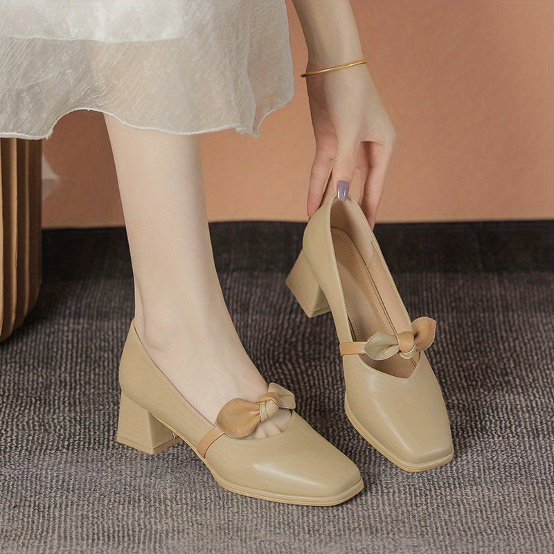 Chunky Heel Mary Jane Knot Band Slip On Mid Heel Dress Shoes