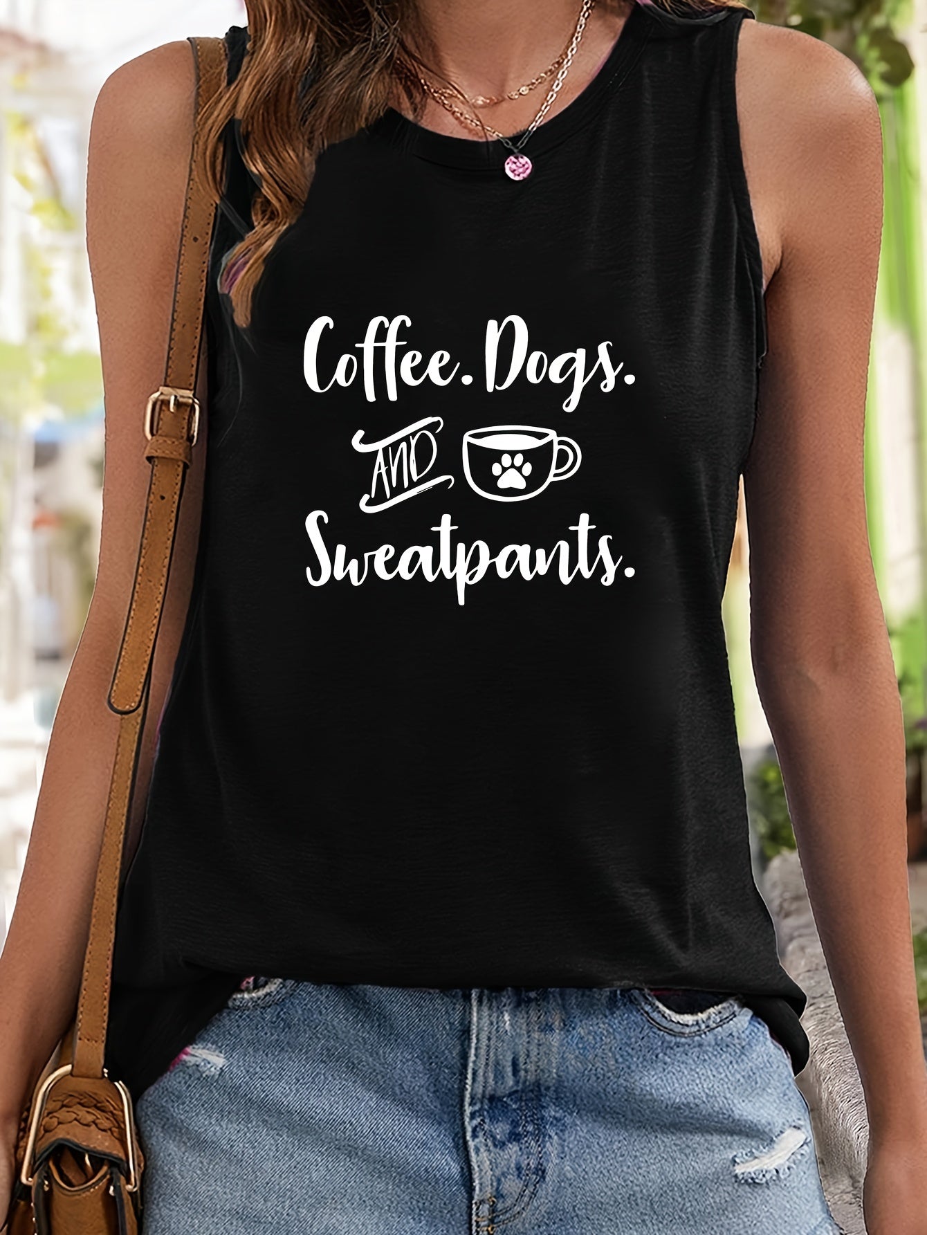 Coffee & Paw Print Sleeveless Sports Vest Round Neck Stretchy Casual Tops