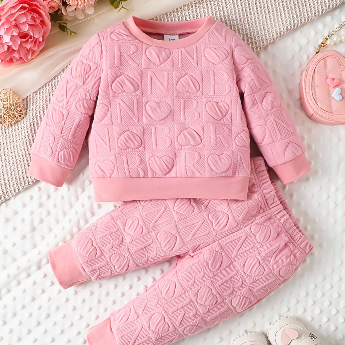 2pcs Baby Girls Heart Print Sweatshirt Sweatpants Set