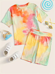 Girls' Tie Dye Short Sleeve T Shirt & Biker Shorts Set Sports Casual Yoga