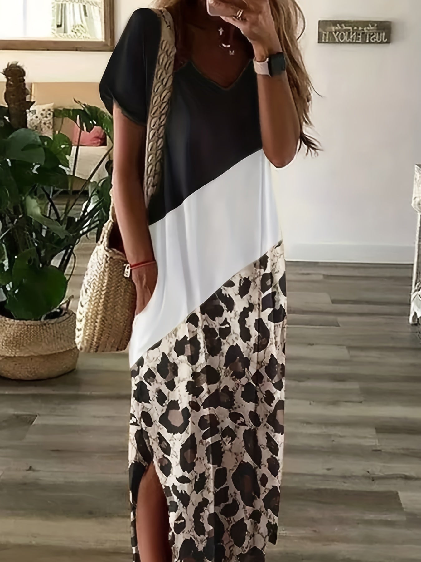  Colorblock Leopard Print Short Sleeve V Neck Tee Dress