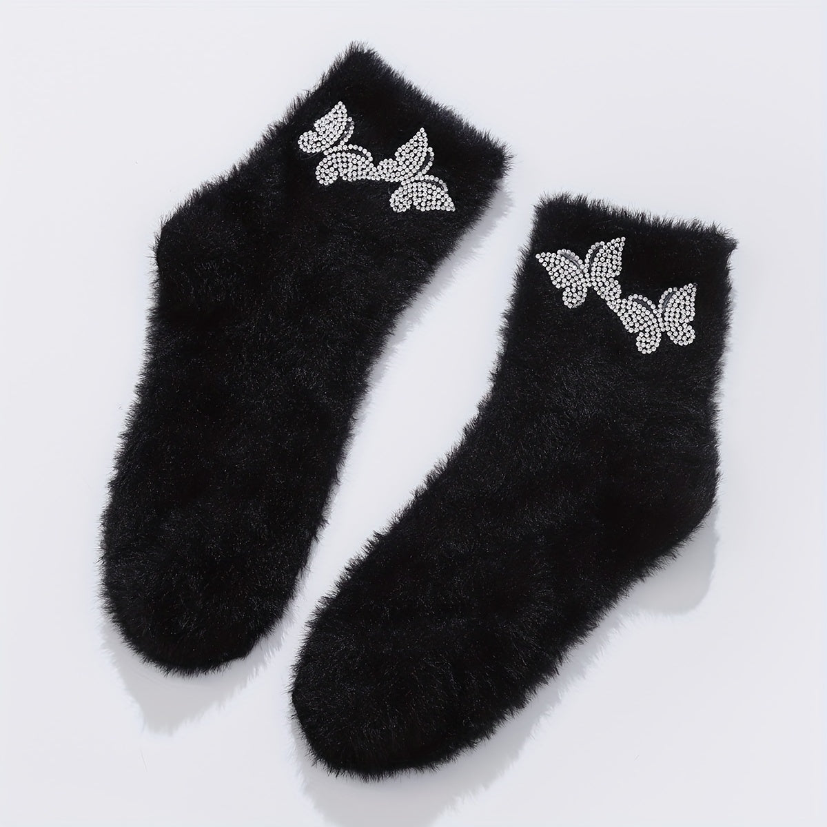 Butterfly Rhinestone Socks Fuzzy & Warm Women's Stockings