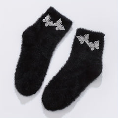 Butterfly Rhinestone Socks Fuzzy & Warm Women's Stockings