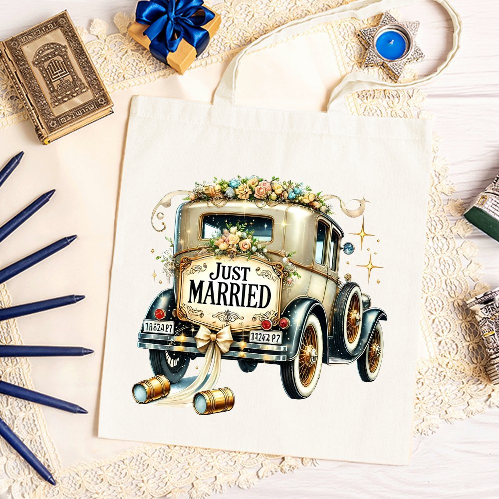 Vintage Wedding Truck Print Canvas Tote Bag