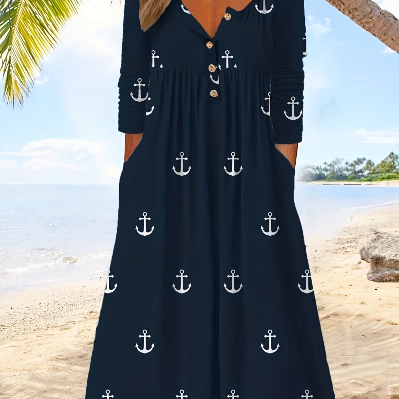 Women's Plus Anchor Print Maxi Dress With Pockets
