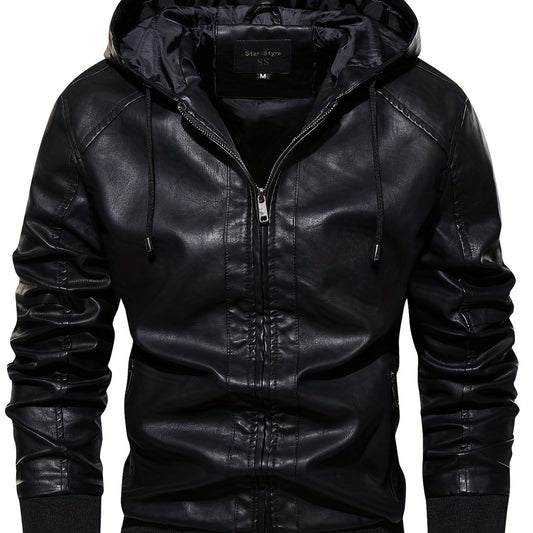 Men's PU Hooded Jacket Zip Up Leather Jacket Spring Fall
