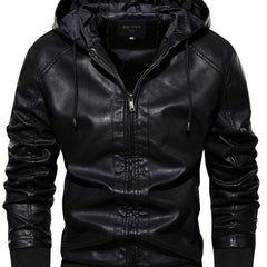 Men's PU Hooded Jacket Zip Up Leather Jacket Spring Fall