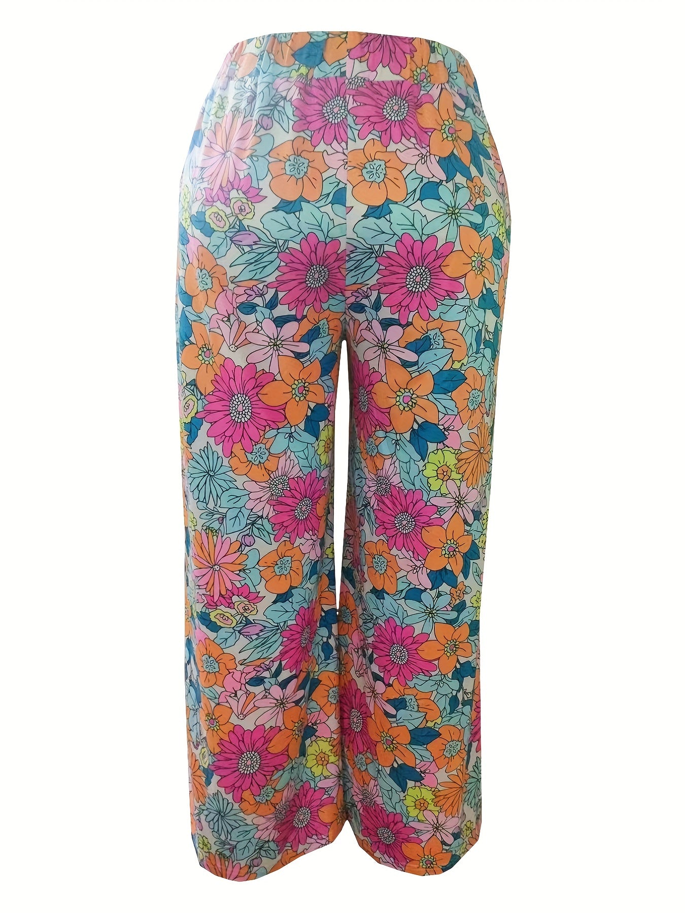 Boho Pants Women's Plus Floral Print Slight Stretch Wide Leg