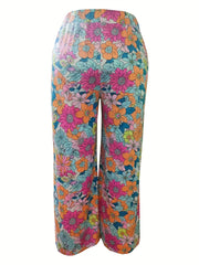  Boho Pants Women's Plus Floral Print Slight Stretch Wide Leg