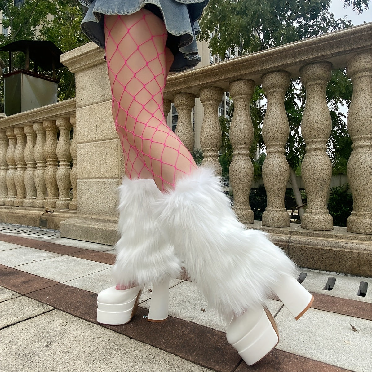 Solid Fuzzy Leg Warmers Knee High Socks & Fishnet Tights