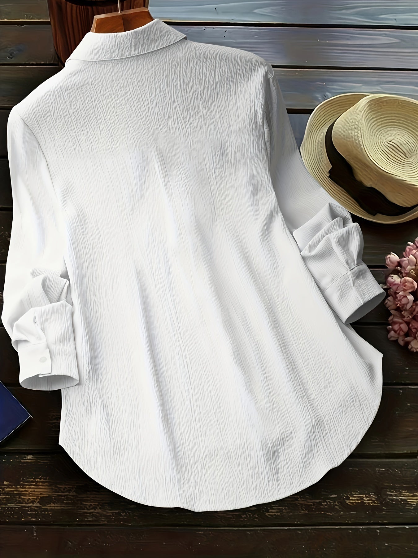  Casual Blouse Women's Solid Crinkle Button Up Long Sleeve Blouse