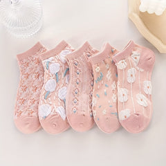 5 Pairs Flower Pattern Socks Low Cut Ankle Socks Women's Stockings