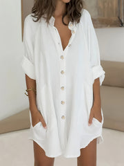  Solid Roll Up Sleeve Mock Neck Button Up Shirt Tunic Top