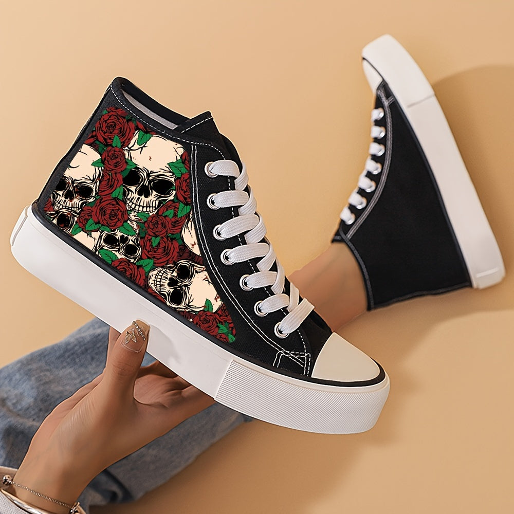Skull & Rose Print High Top Canvas Sneakers