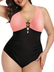  Colorblock Lace Up High Stretch One Piece Swimsuit