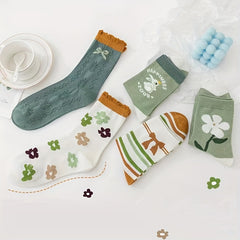 5 Pairs Floral & Bow Print Socks Mid Tube Women's Stockings