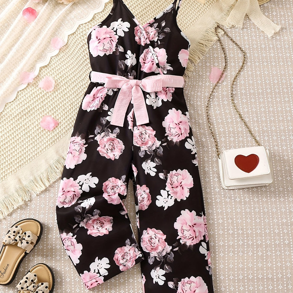 Toddler Girls Flowers Graphic Belted Cami Rompers Wide Leg Jumpsuits