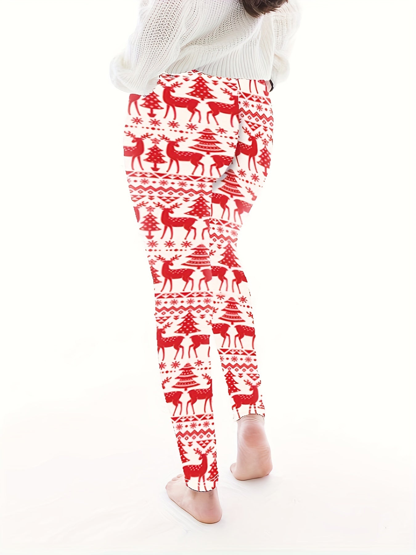  Christmas Leggings Reindeer & Tree Print High Rise Stretch Leggings