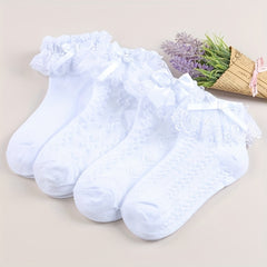 Cotton Lace Knit Crew Socks - 2 Pairs