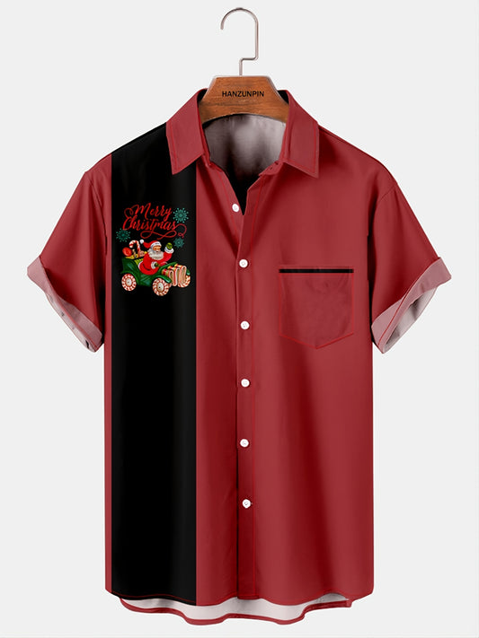 Men's Red Striped Lapel Shirt with Santa Print
