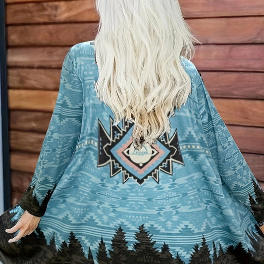 Boho Cardigan Women's Plus Colorblock Print Long Sleeve Open Front