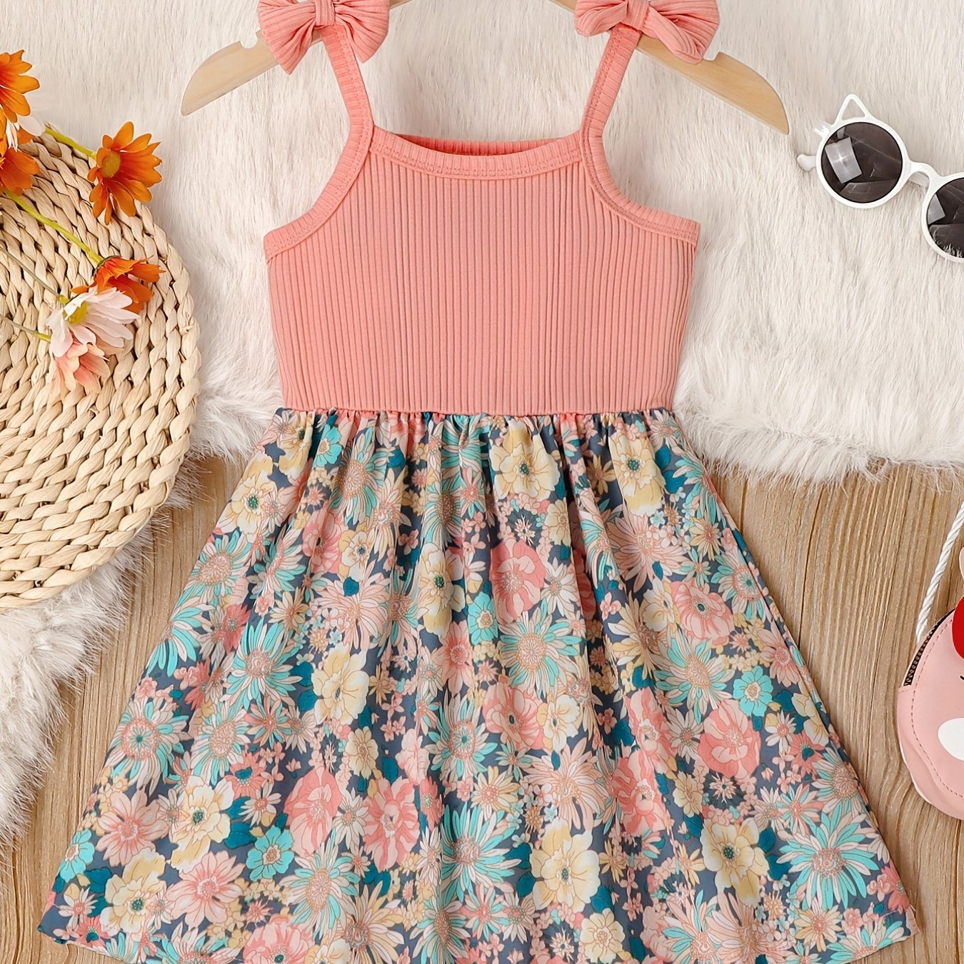 Girl's Butterfly Bow Tie Shoulder Splicing Flower Pattern Suspender Dress