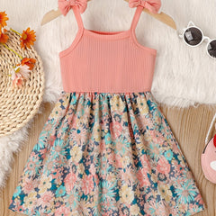 Girl's Butterfly Bow Tie Shoulder Splicing Flower Pattern Suspender Dress