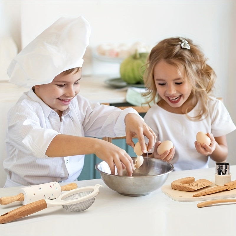 10pcs Wooden Kitchen Play Set with Chef Hat Knives and Play Food