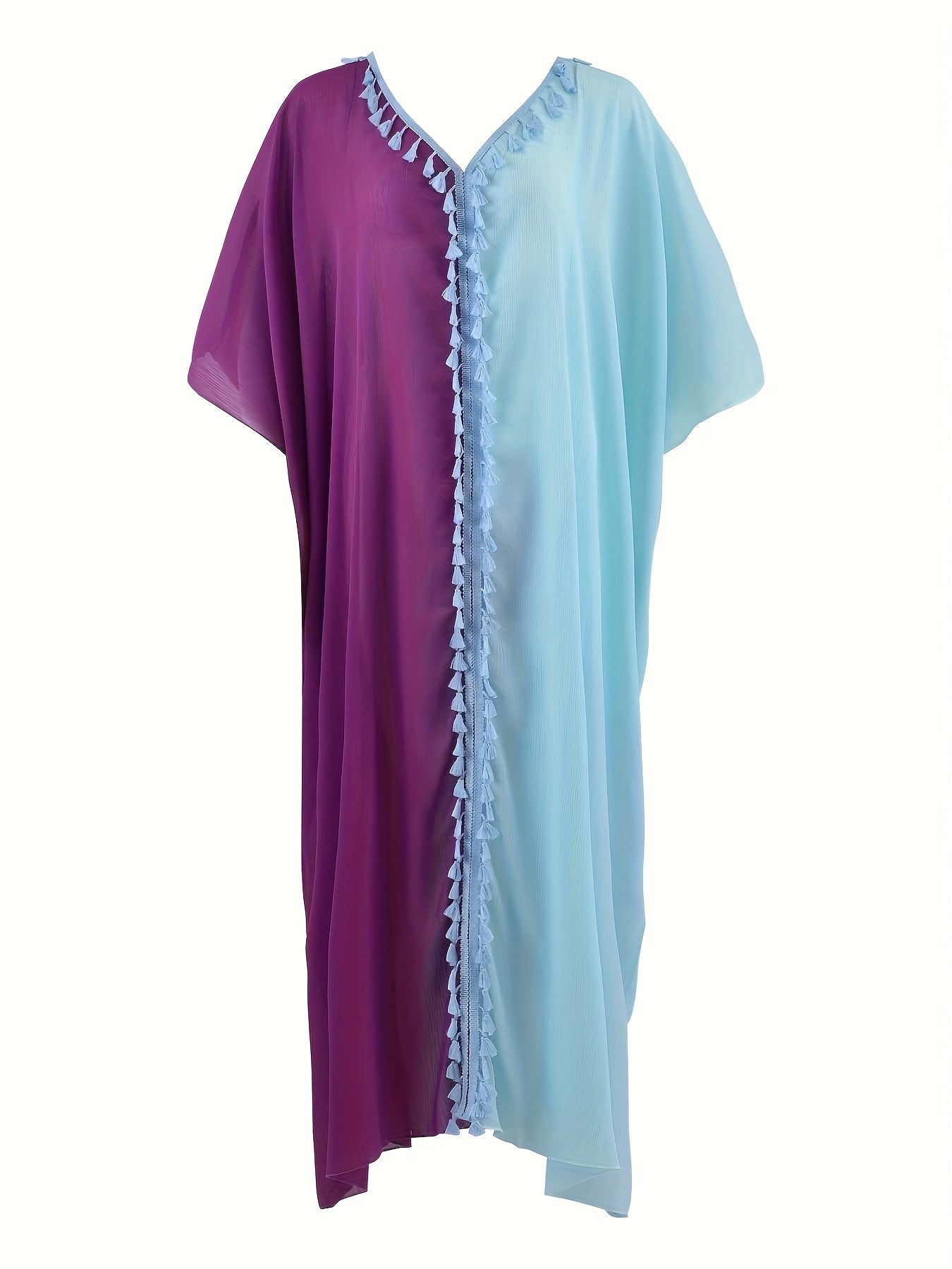  Casual Kaftan Dress Women's Plus Colorblock Tassel Trim Maxi Jalabiya