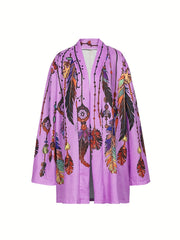 Boho Feather Print Plus Size Cardigan