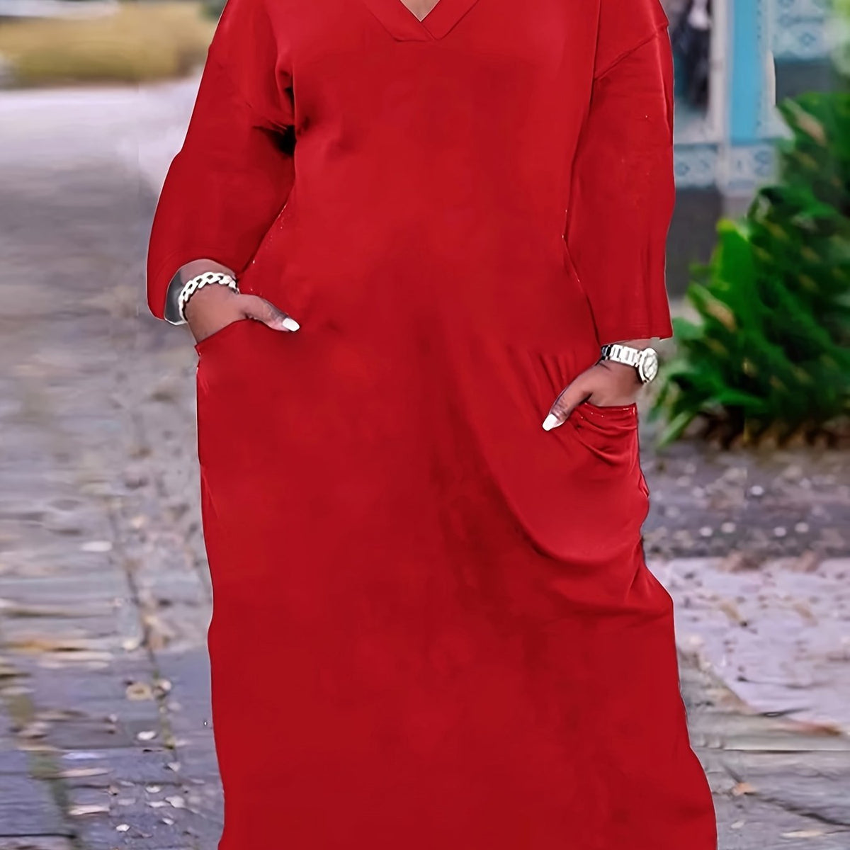  Solid Drop Shoulder Long Sleeve V Neck Maxi Dress