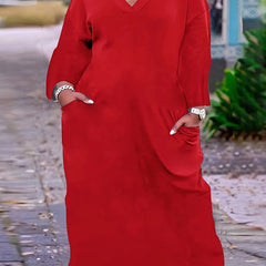  Solid Drop Shoulder Long Sleeve V Neck Maxi Dress