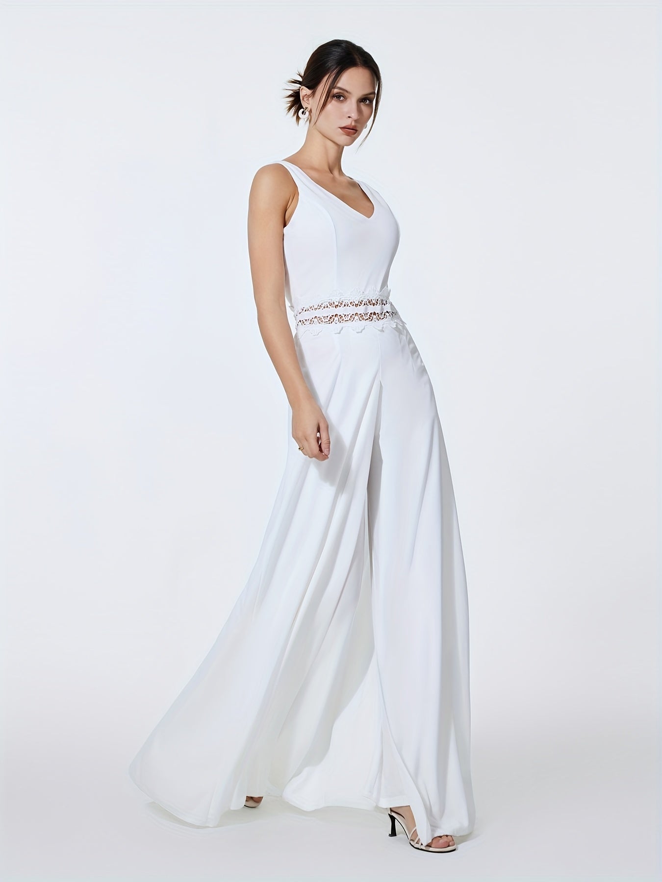 Sleeveless Jumpsuit with Overskirts Casual V Neck Lace Splicing Long Length