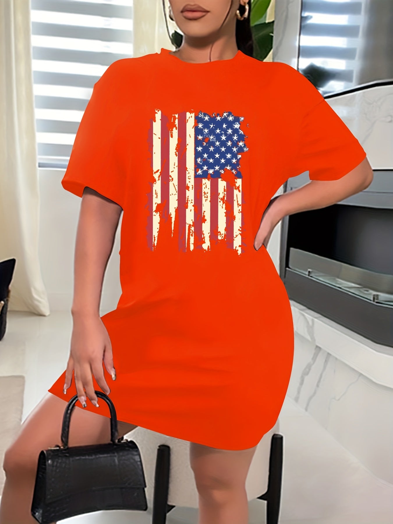  Flag Print Short Sleeve Casual Dress