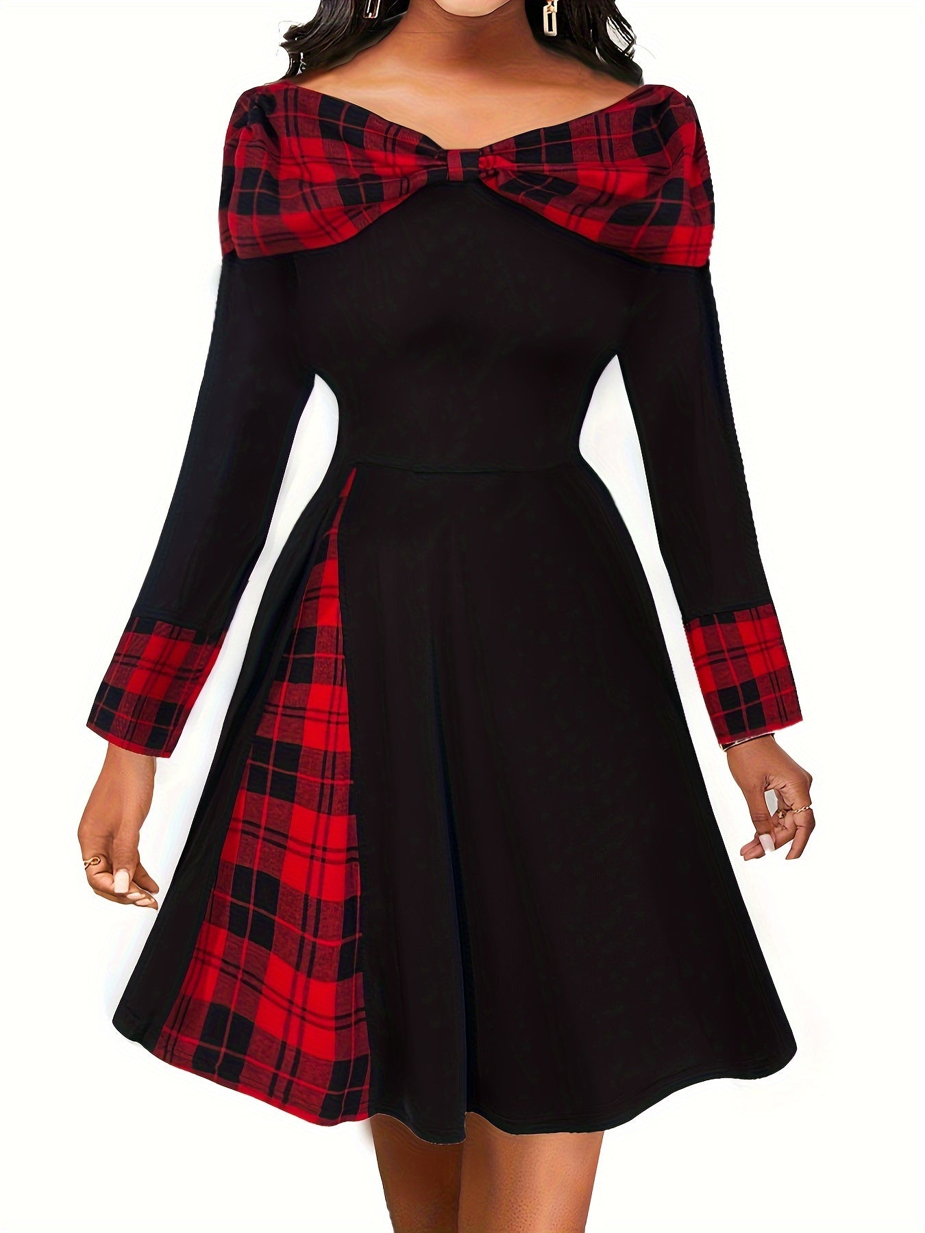  Colorblock Plaid Print Boat Neck Dress