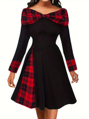  Colorblock Plaid Print Boat Neck Dress
