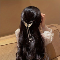 Faux Pearl Tassel Butterfly Hair Claw Clip Golden