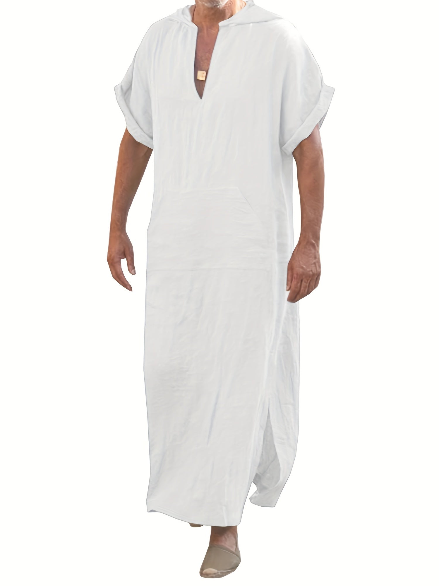 Vintage Islamic Arabic Kaftan For Men Short Sleeve Hooded V Neck Muslim Clothes