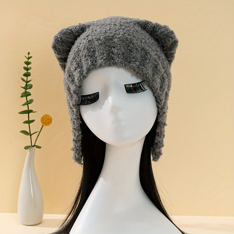 Bear Ears Knit Hat Solid Fleece Beanie Warm Animal Hat Ear Protection