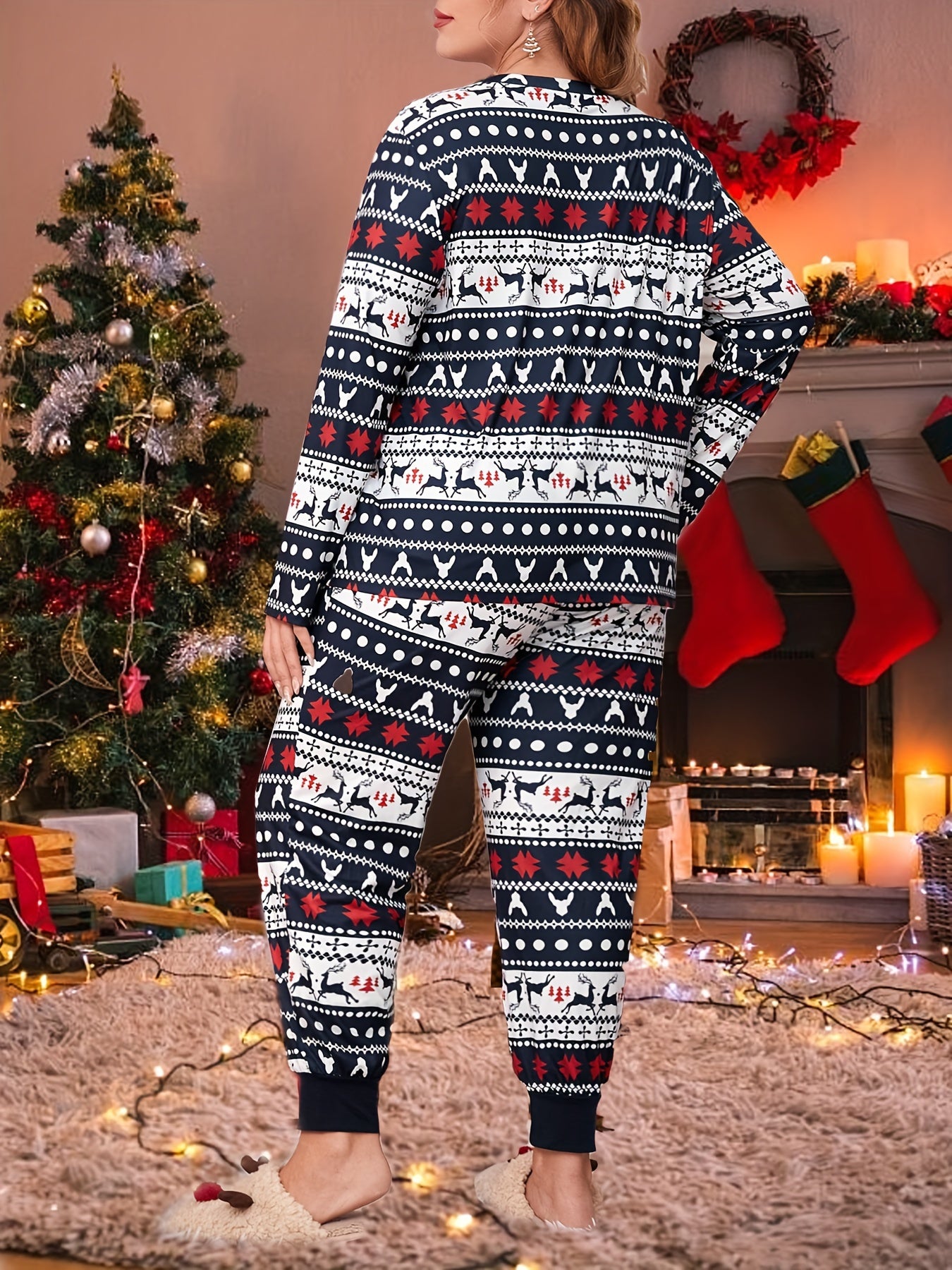  Christmas Elk & Snowflake Print Tee & Pajama Set
