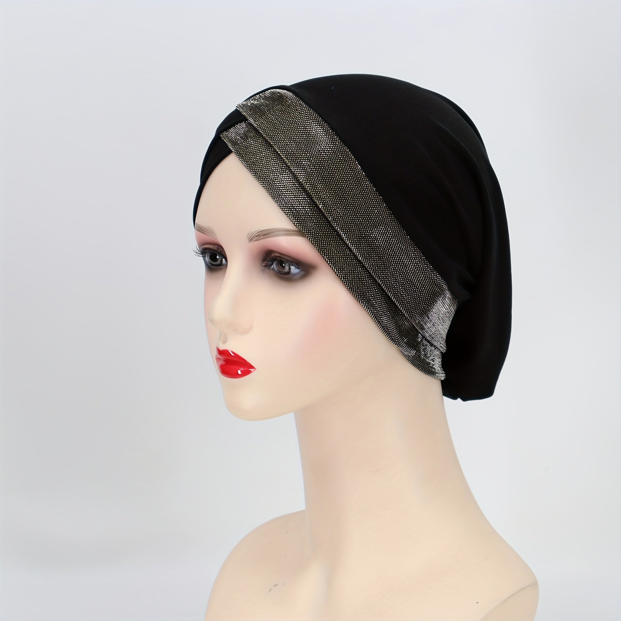 Glitter Forehead Cross Turban Cap Solid Head Wrap Bandana Headwear