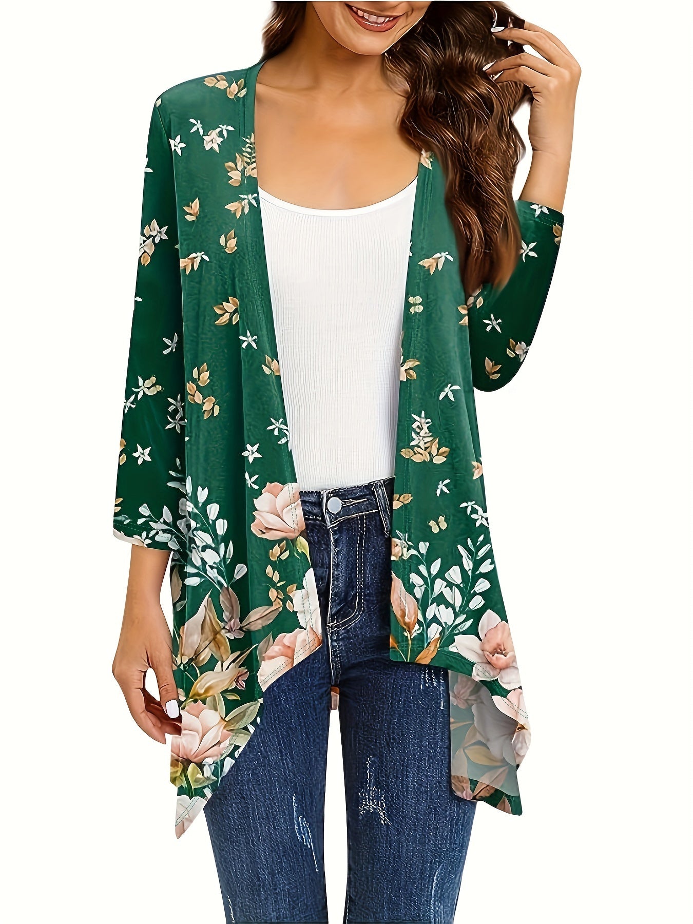  Floral Print Open Front Cardigan