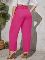  Solid Elastic High Rise Trousers With Belt