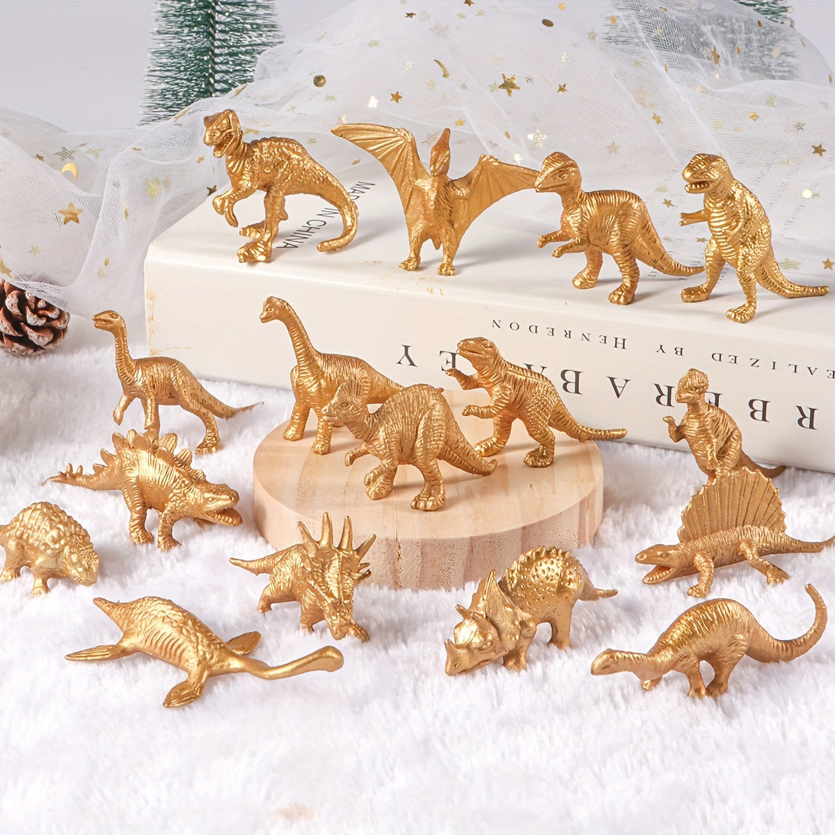 32pcs Mini Metallic Golden Dinosaur Figurine Toys Dino Party Supplies Cake