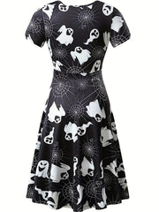  Ghost & Web Print Short Sleeve Dress
