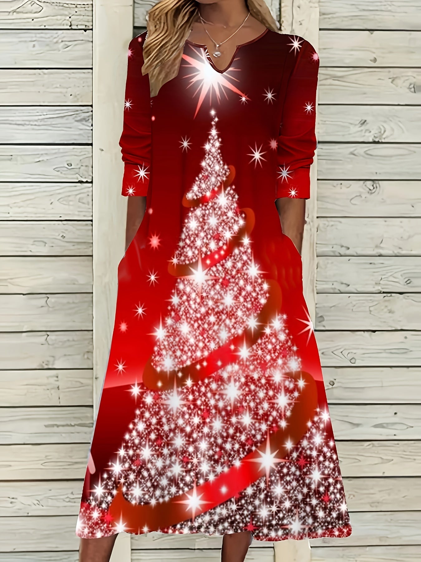  Tree Print Long Sleeve Dress