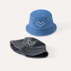 Heart Print Couple Bucket Hat Distressed Cotton Fisherman Cap