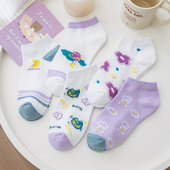 5 Pairs Floral & Starry Print Ankle Socks Women's Stockings & Hosiery