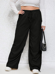  Solid Elastic Drawstring High Rise Wide Leg Cargo Trousers